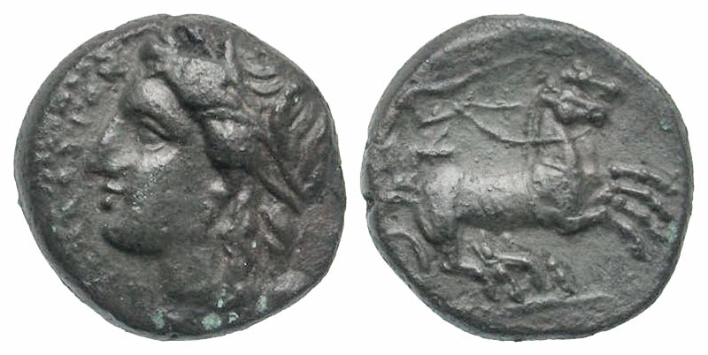 Sicily, Syracuse. Hiketas II. 287-278 B.C. AE hemilitron. Ex Elwood Rafn collection. 