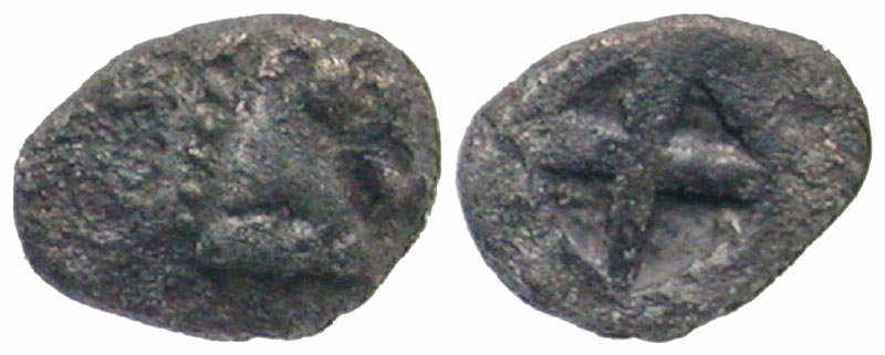 Macedon, Uncertain mint. 5th century B.C. AR tetartemorion. Very Rare. 