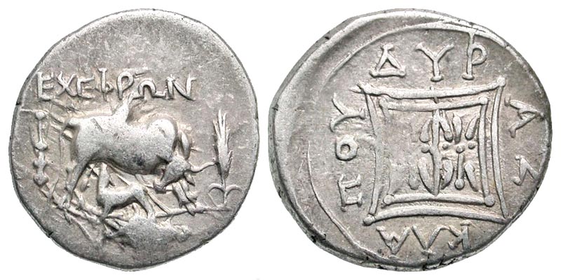 Illyria, Dyrrhachion. Ca. 250-200 B.C. AR drachm. Esefron and Asklepio, magistrates. 