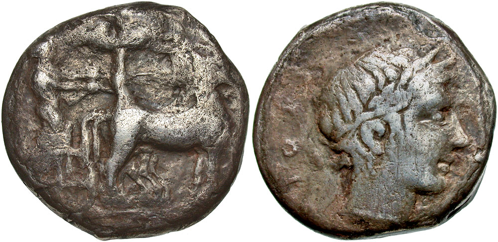 Sicily, Katane. Ca. 435-412 B.C. AR tetradrachm. Reverse die signed by the 'Maestro della foglia'. 